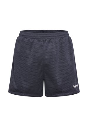 Mörkblå mesh träningsshorts med elastisk midja och en liten vit logotyp på nedre högra sidan. Andningsbar tygtextur.