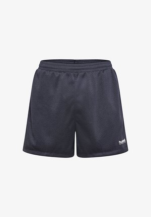 Mörkblå mesh träningsshorts med elastisk midja och en liten vit logotyp på nedre högra sidan. Andningsbar tygtextur.