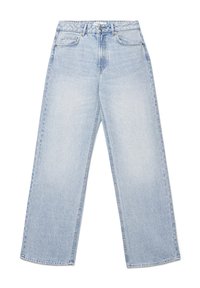 Jeans a vita alta e gamba larga in denim azzurro chiaro. Presentano cinque tasche, leggero scolorimento e chiusura con bottoni. Orlo dritto e pulito.
