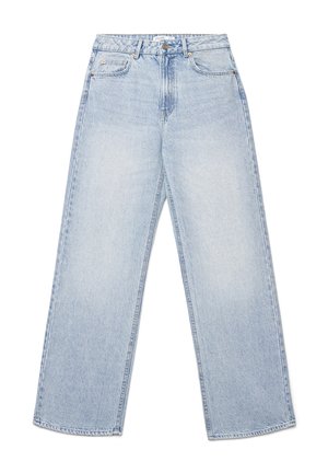 Jeans a vita alta e gamba larga in denim azzurro chiaro. Presentano cinque tasche, leggero scolorimento e chiusura con bottoni. Orlo dritto e pulito.