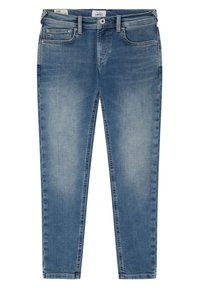 Jeans de denim ajustados de color azul con bolsillos frontales y un bolsillo para monedas, cierre de botón y detalles de lavado desgastado en los muslos y las rodillas.