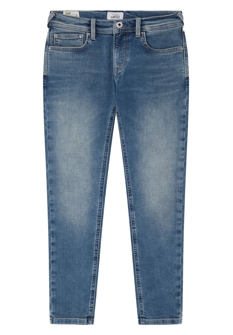 Jeans de denim ajustados de color azul con bolsillos frontales y un bolsillo para monedas, cierre de botón y detalles de lavado desgastado en los muslos y las rodillas.