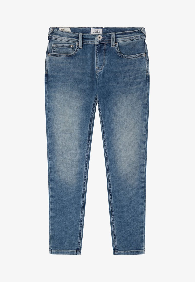 Jeans de denim ajustados de color azul con bolsillos frontales y un bolsillo para monedas, cierre de botón y detalles de lavado desgastado en los muslos y las rodillas.