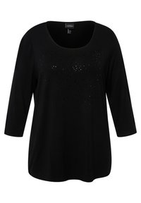 Schwarz-langärmliges Oberteil mit einem runden Halsausschnitt und einem strukturierten Design mit kleinen, glänzenden Verzierungen auf der Vorderseite.