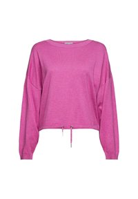 Różowy krótki sweter z długimi rękawami, wykonany z miękkiego materiału. Posiada okrągły dekolt i regulowane sznurki na dole.