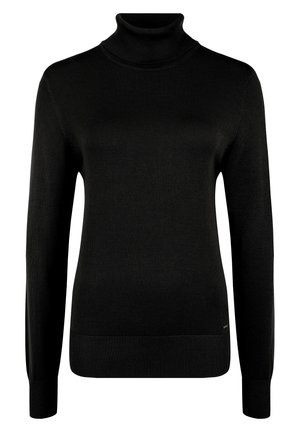 Black turtleneck sweater made of soft knit material. Features long sleeves, ribbed cuffs, and a ribbed hem. Simple, classic design.