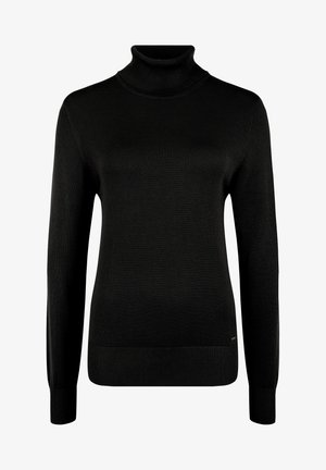 Sort rullekravestriktrøje lavet af blødt strikmateriale. Har lange ærmer, ribbede mansjetter og en ribbet kant. Enkel, klassisk design.