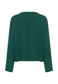 Groene gecrocheerde sweater met lange mouwen, gemaakt van zachte stof. Kenmerkt zich door een ronde halslijn en een centrale naad aan de achterkant.