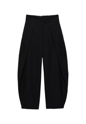 Pantalon noir taille haute à jambes larges, avec plis devant et taille structurée, coupé juste au-dessus des chevilles.