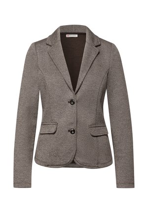 Brown textured blazer with a tailored fit, notched lapels, two front pockets, and a button closure. Smooth fabric with subtle pattern.