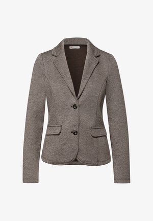 Brauner Blazer mit Struktur und maßgeschneiderter Passform, mit Reverskragen, zwei vorderen Taschen und Knopfverschluss. Glatter Stoff mit dezentem Muster.