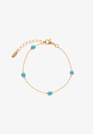 Delikat guldkædearmbånd med fire jævnt fordelt små turkis perler og en karabinhage med forlængelsesled.