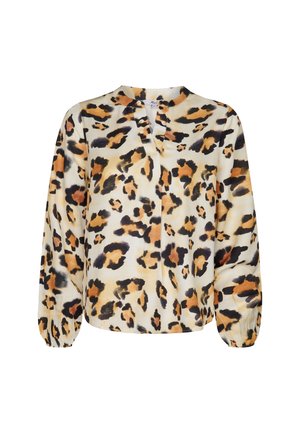 Blouse met luipaardprint in lichtgewicht stof, met een V-hals, lange pofmouwen en geribbelde manchetten in tinten van room, bruin en zwart.