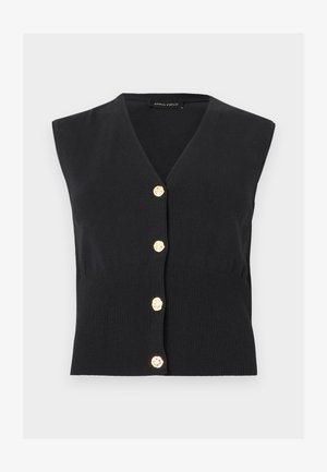 Gilet noir sans manches en tricot avec encolure en V et quatre boutons dorés texturés sur le devant.