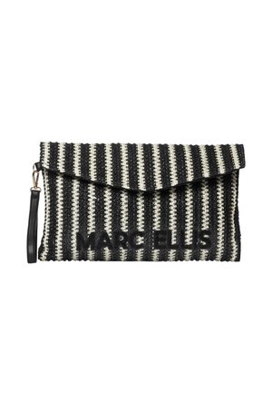 Schwarz-weiß gestreifte gewebte Clutch mit Handgelenksriemen und "Marc Ellis" auf der Vorderklappe bestickt.