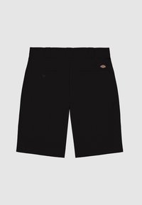 Black shorts featuring a straight cut, two back pockets with button closures, and a visible brand logo on the back waistband.