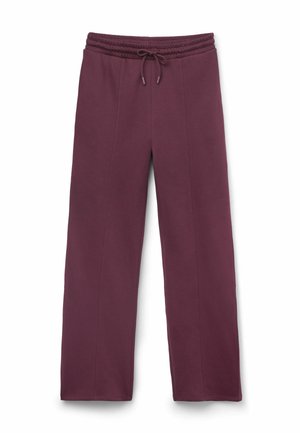 Burgundské tepláky s elastickým pasem, šňůrkou na stažení a rovnými nohavicemi. Vyrobené z měkké látky s hladkým povrchem.