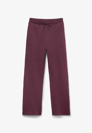 Burgundy sweatpants with an elastic waistband, drawstring, and straight leg design. Made of soft fabric with a smooth texture.