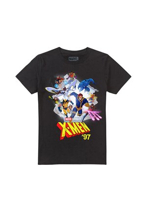 Schwarzes Marvel T-Shirt mit bunten animierten X-Men-Charakteren in Aktionsposen und fettem roten und gelben "X-Men '97"-Text.