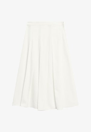 Gonna bianca a pieghe, linea a trapezio, lunghezza al ginocchio, con pieghe frontali e chiusura laterale con cerniera.
