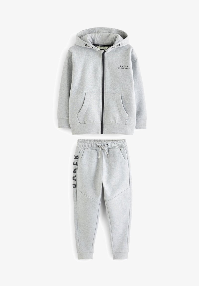 Szara bluza z kapturem na zamek błyskawiczny z przednimi kieszeniami i logo, w komplecie z pasującymi spodniami dresowymi z elastycznym pasem i dekoracyjnym szwem bocznym.
