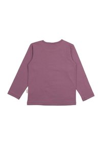 Langarmshirt aus mauvefarbenem Stoff mit Rundhalsausschnitt und einfacher Naht. Sanfte Textur, keine sichtbaren Muster oder Akzente.