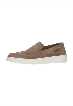 Suede slip-on shoe in light brown with a rounded toe and white rubber sole. Features minimal stitching and a small logo accent on the side.