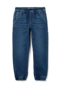 Pantaloni jogger in denim blu scuro con vita elasticizzata e coulisse. Presentano due tasche frontali e polsini affusolati alle caviglie.