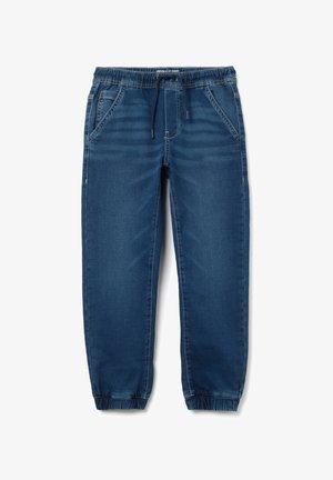 Donkerblauwe denim joggerbroeken met een elastische tailleband en koord. Beschikt over twee voorzakken en taps toelopende boorden bij de enkels.