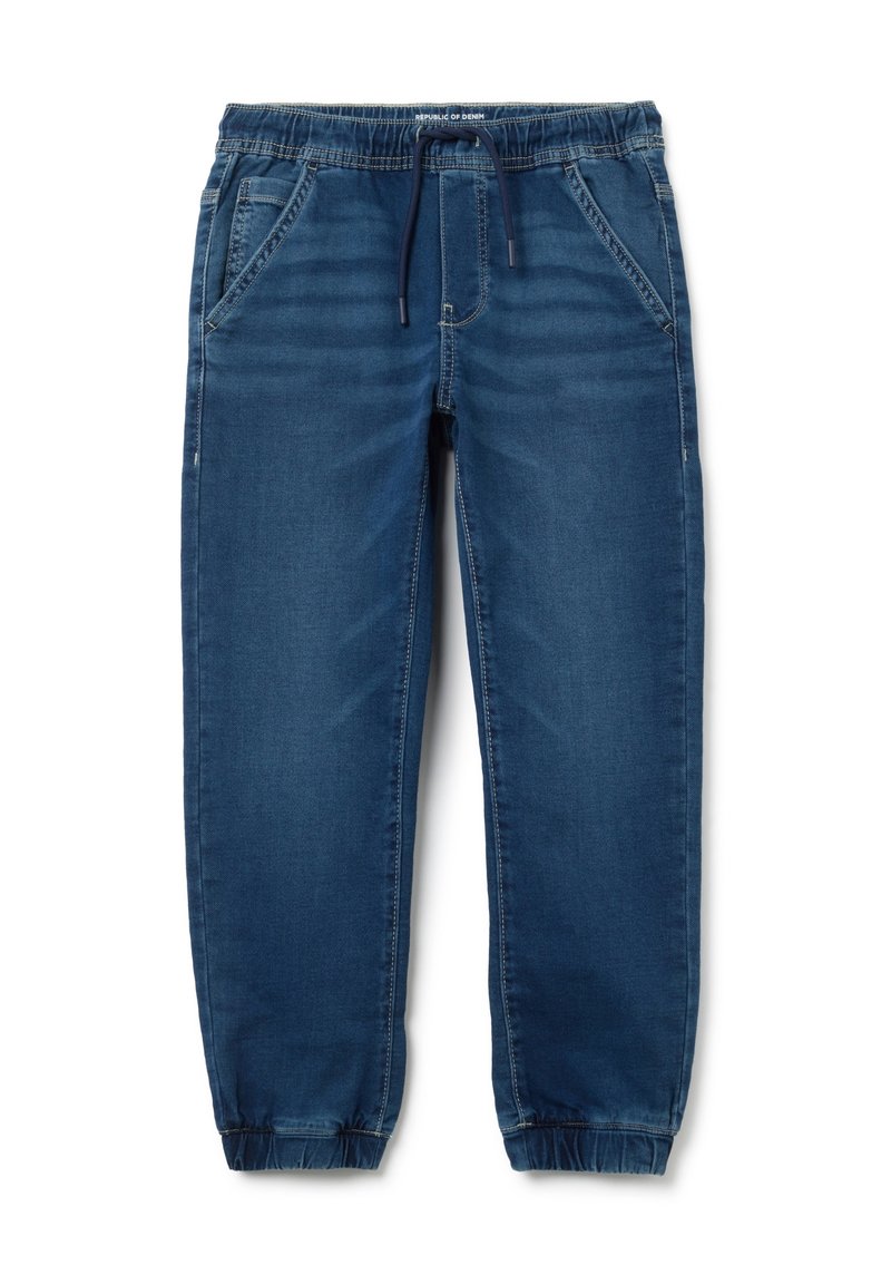 Pantaloni jogger in denim blu scuro con vita elasticizzata e coulisse. Presentano due tasche frontali e polsini affusolati alle caviglie.