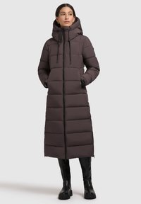 Padded long coat in dark gray with a zip front, cinched hood, and adjustable toggles. Features long sleeves and side pockets. Black accents.