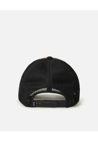 Casquette en maille noire avec une fermeture snapback. Présente une forme arrondie et une étiquette de marque discrète près de la sangle réglable.