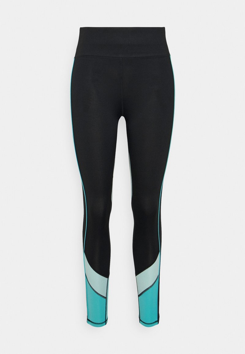 Czarne legginsy z turkusowymi akcentami. Gładki, elastyczny materiał; wysoki stan; boczne panele mają wzór gradientowy przechodzący od jasnego do ciemnego.