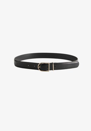 Black leather belt with a smooth surface, featuring a gold-tone metal buckle and various adjustment holes along its length.