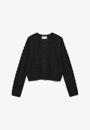 Cardigan nero in maglia con un motivo a rombi testurizzato, collo rotondo, maniche lunghe e chiusura anteriore con bottoni. Design corto.