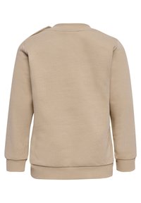 Beige Sweatshirt mit ribbeligem Rundhalsausschnitt und Bündchen. Verfügt über eine weiche Textur und ein einzelnes Schulterknopfdetail. Einfaches Design.