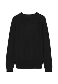 Schwarzer Strickpullover mit Rundhalsausschnitt, langen Ärmeln und gerippten Bündchen. Die Textur ist dick und strukturiert, in einfarbigem Design ohne Muster.