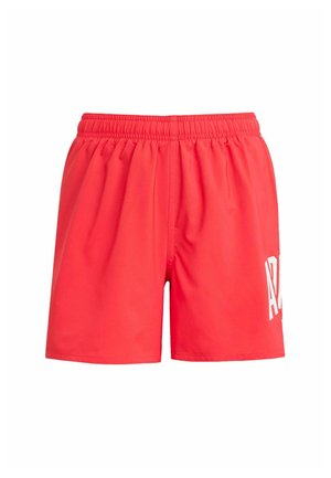 Pantaloni sportivi rossi con cintura elastica, texture liscia e un logo bianco sul lato sinistro. Caratterizzati da un design morbido.