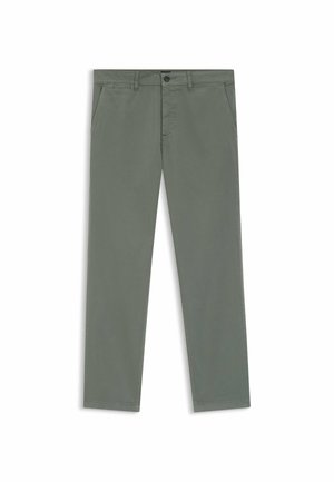 Pantalon droit vert olive avec passants pour ceinture, bouton frontal, fermeture éclair et poches latérales, présenté à plat sur un fond blanc.