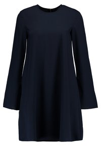 Marinblå skjortklänning med rund halsringning, långa ärmar och dragkedja bak. Tillverkad av ett slätt tyg med lätt textur.