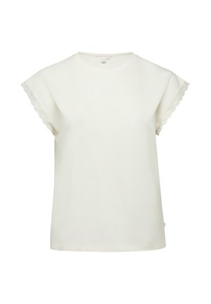 Weiße Bluse mit kurzen Ärmeln, Rundhalsausschnitt und Spitzenbesatz an den Ärmelsäumen, vor einem schlichten Hintergrund präsentiert.