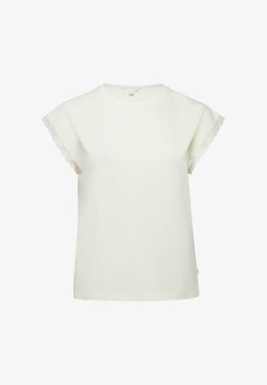 Witte blouse met korte mouwen, ronde hals en kanten rand aan de mouwzomen, getoond tegen een effen achtergrond.