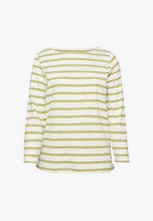 Koszula z długim rękawem w białe i jasnorozerowe poziome paski z okrągłym dekoltem, prezentowana na białym tle.