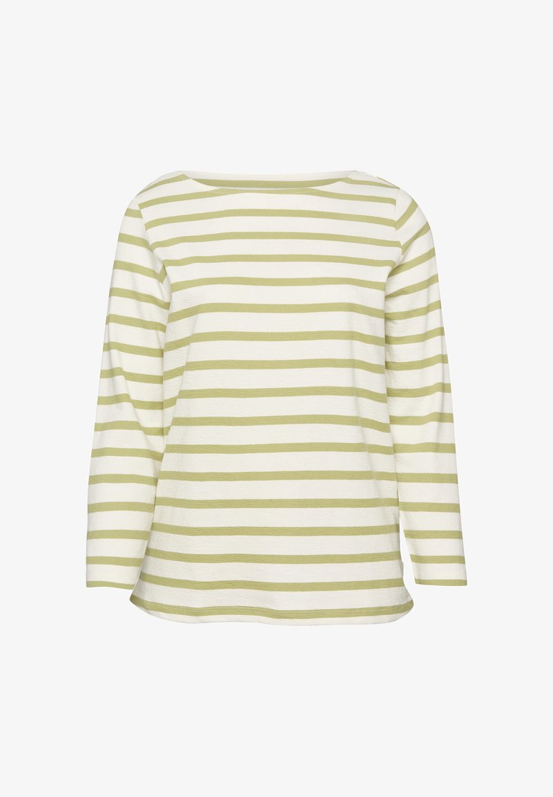 Een shirt met lange mouwen, witte en lichtgroene horizontale strepen en een ronde hals, afgebeeld op een witte achtergrond.