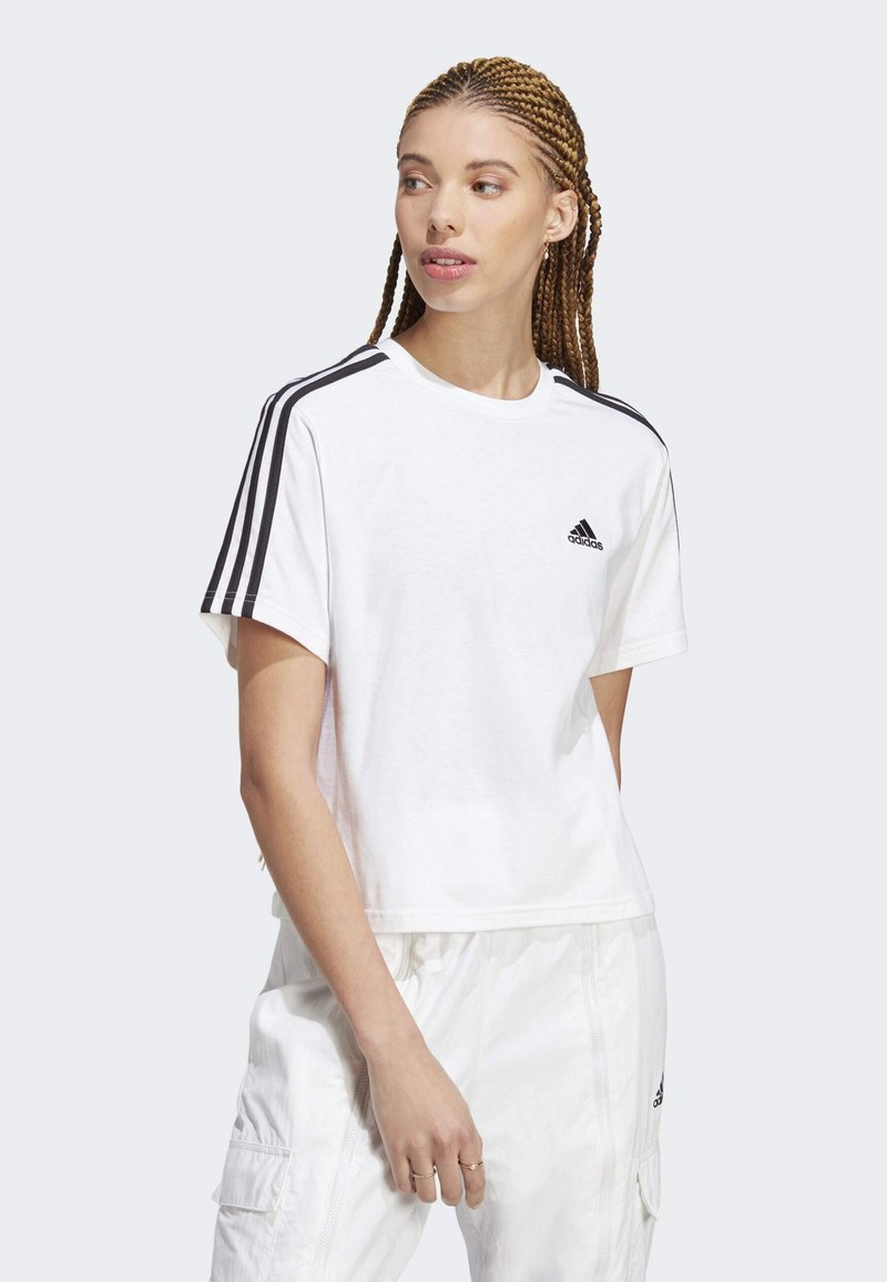 adidas Sportswear - ESSENTIALS STRIPES SINGLE CROPPED TOP - Print T-shirt - medium grey heather   white, Enlarge