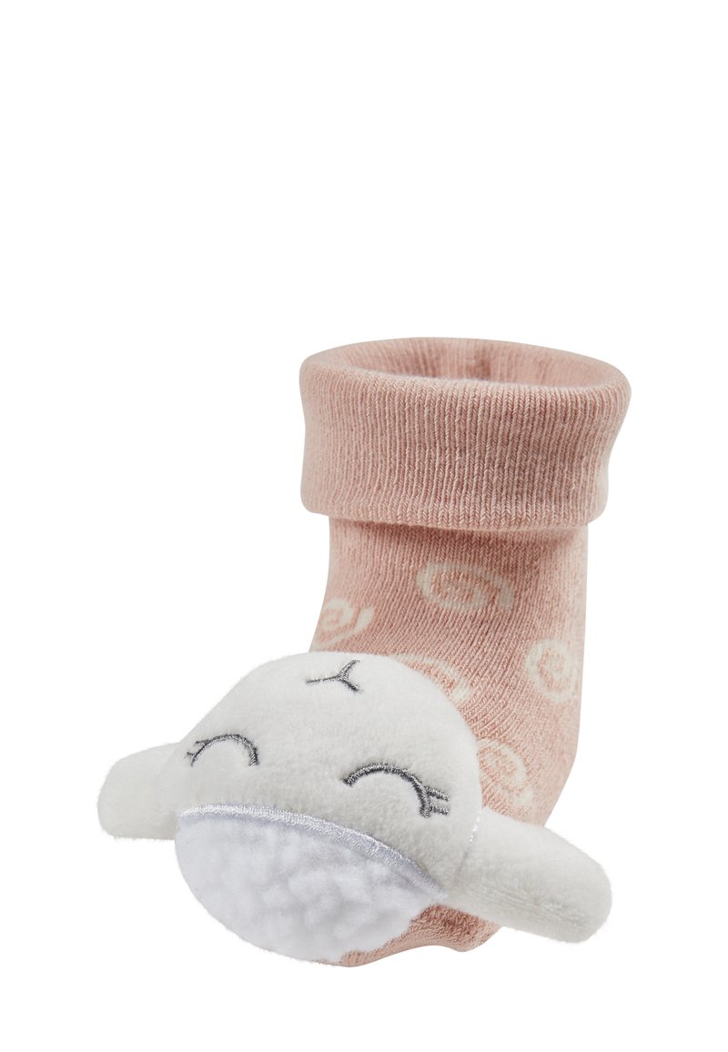 Pink sock with a rolled cuff, featuring a white plush animal with stitched facial details. Made from soft fabric with a textured finish.