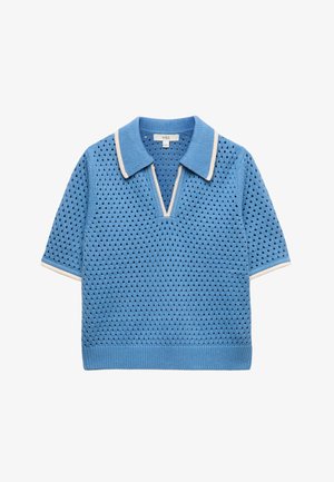 Blauw kortemouw gebreide polo met ajourpatroon, crème afwerking aan kraag en manchetten, en diepe V-halsopening.