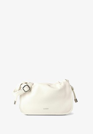 Lille hvid skuldertaske i læder med justerbar rem, sølvspænde og snøre detaljer, mærket Gabor foran.