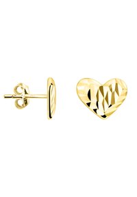 Orecchini a perno a forma di cuore in oro, con superficie sfaccettata e finitura lucida. Chiusura a posteriore con fondo arrotondato.