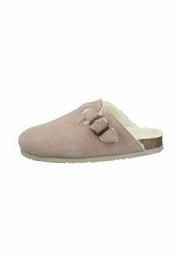 Suede slip-on slipper in soft pink, featuring a fur lining, adjustable buckle strap, and a textured cork footbed with a rubber sole.